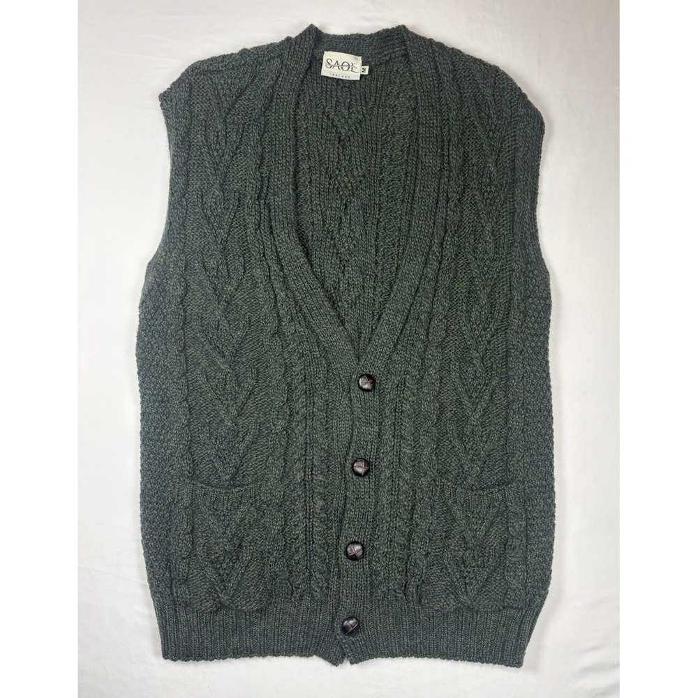 Vintage Saol Ireland Merino Wool Cable Knit Fisherman Vest Mens Medium Green